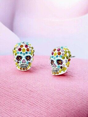 NEW Betsey Johnson Faux-Stone Glass Crystal Sugar Skull Stud Earrings New in Box